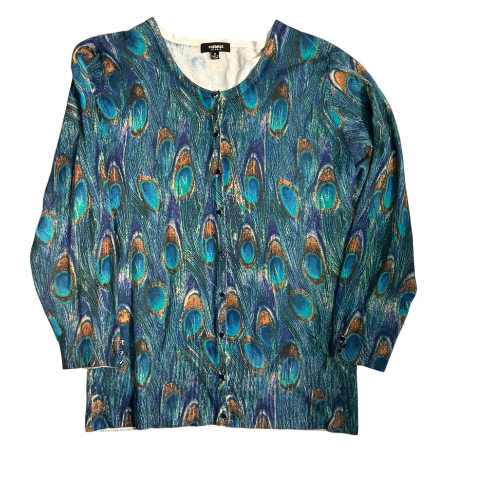 Premise Peacock Cardigan Women's XL Blue/Green Hues Gem Buttons Silky Soft EUC